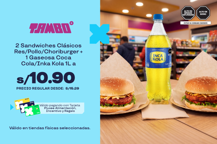 Tambo:2 Sandwiches Clásicos Res/Pollo/Choriburger + 1 Gaseosa Cocal Cola/Inka Kola 1L a S/10.90.Precio Regular desde:S/15.29