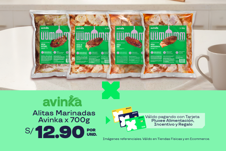 Alitas Marinadas Avinka x 700g a sólo S/12.90 por unidad.Válido en Tiendas Fisicas y Ecommerce.