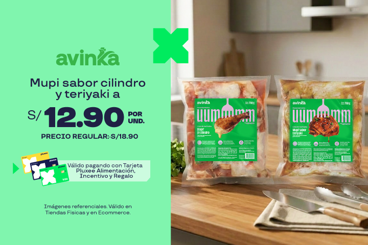 Avinka:Mupi al cilindro y teriyaki a S/12.90 por unidad.Precio Regular:S/18.90. 